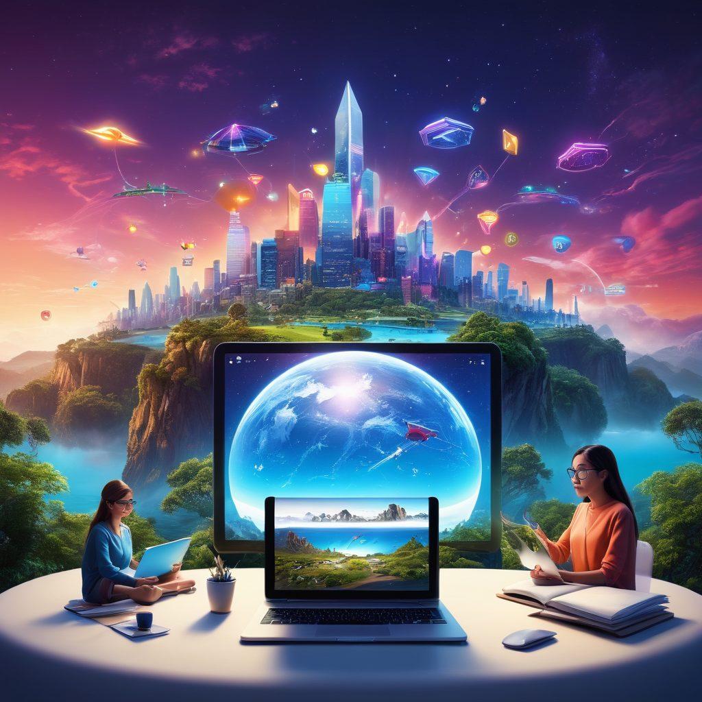 A dynamic scene showcasing a digital landscape where various blog posts are represented as floating islands, each adorned with SEO icons like magnifying glasses and upward arrows. In the foreground, a diverse group of animated characters are collaborating, using laptops and tablets to discuss strategies. Bright colors and a glowing skyline symbolize success and growth in the blogging world. super-realistic. vibrant colors. 3D.