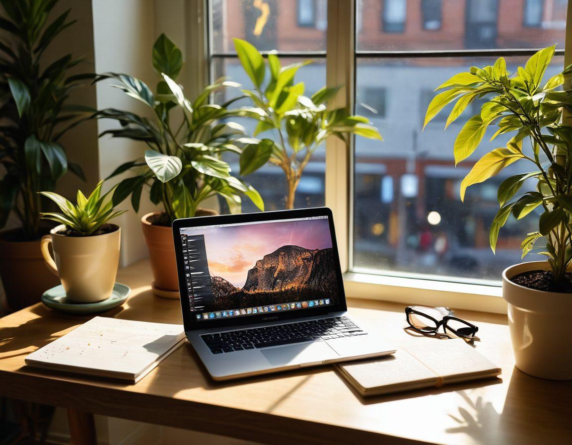 A vibrant and inviting workspace, featuring a laptop with a glowing screen displaying a blog platform, surrounded by scattered notebooks with handwritten notes, colorful sticky tabs, and a steaming cup of coffee. Include a potted plant for a touch of nature and warm sunlight streaming through a window to evoke creativity. Emphasize a sense of journey and transformation in digital storytelling. super-realistic. warm colors. cozy atmosphere.