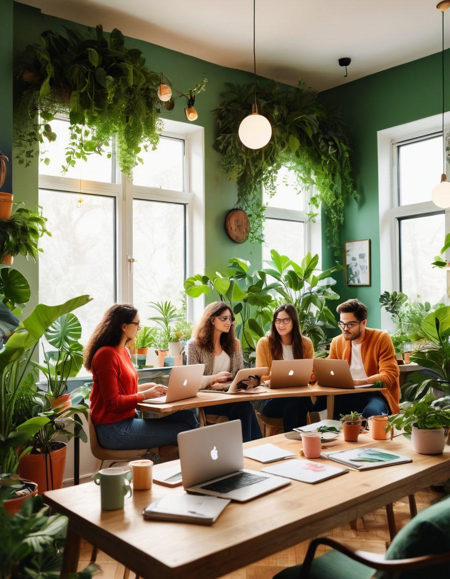 A vibrant illustration of a diverse group of bloggers sitting in a cozy, creative workspace, each expressing their individuality through colorful speech bubbles filled with ideas. Show a blend of modern technology like laptops and notebooks surrounded by plants and artistic decorations. The background should convey a warm, inviting atmosphere with soft lighting. super-realistic. vibrant colors. cozy environment.